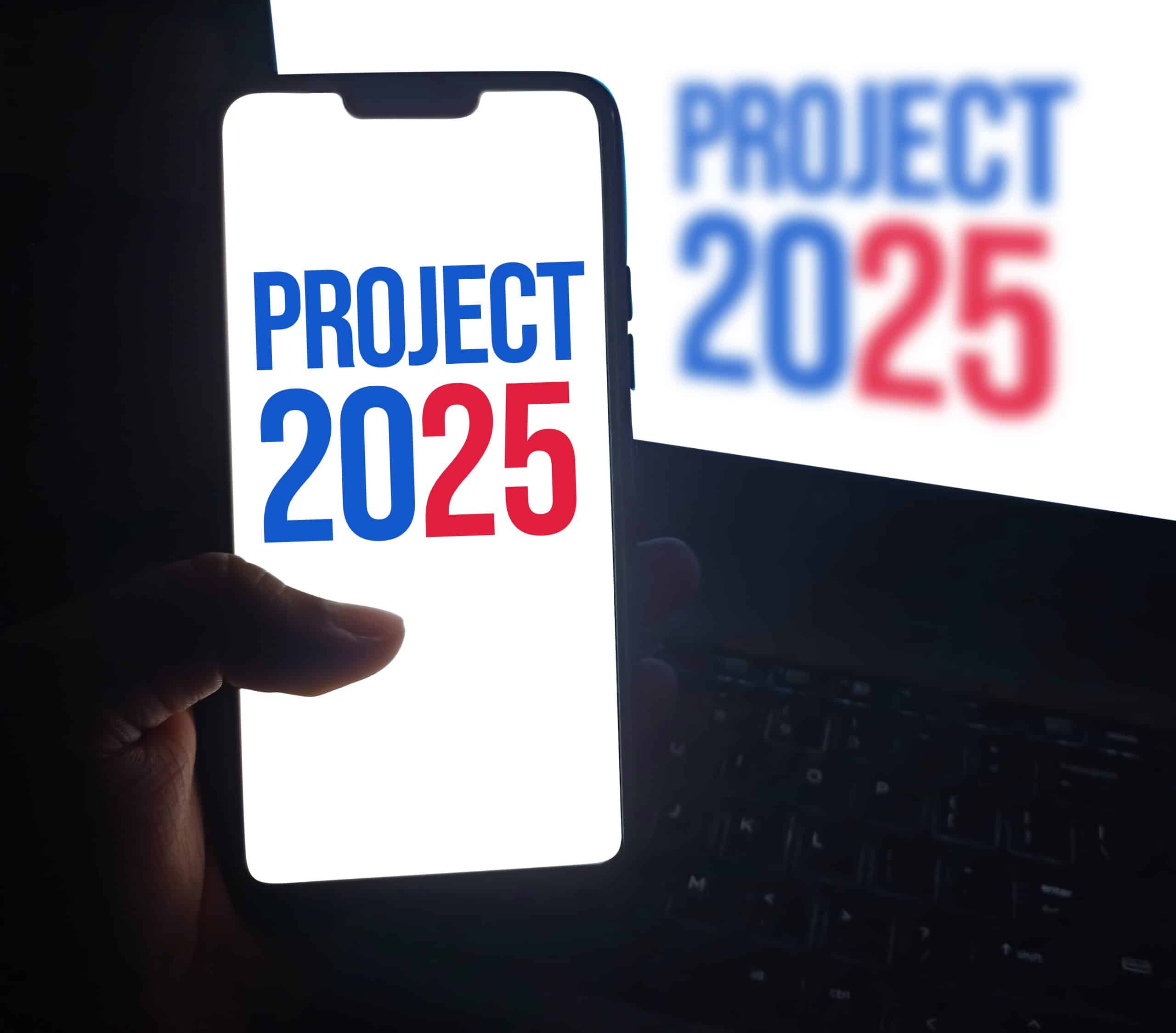 Project 2025 political concept background with typography on mobile in patriotic colors. project 2025 and reproductive justice